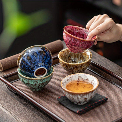 Jianzhan Ceramic Tea Cups Set of 5, Handmade Kiln-Changed Glazed Kung Fu Teacups, Traditional Chinese Porcelain