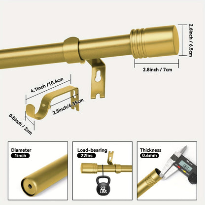 One-Inch Adjustable Curtain Rod with Rounded Cup Finials in Black, Brushed Nickel or Gold Finish