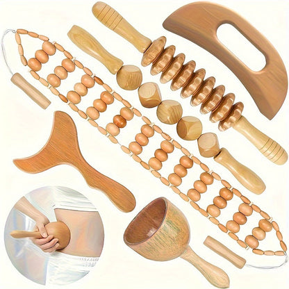Wooden Massage Tool Set 6pcs Manual Facial Massager Kit with Wood Rollers Pointed Bead Textured Heads for Face Neck Full Body Relaxation
