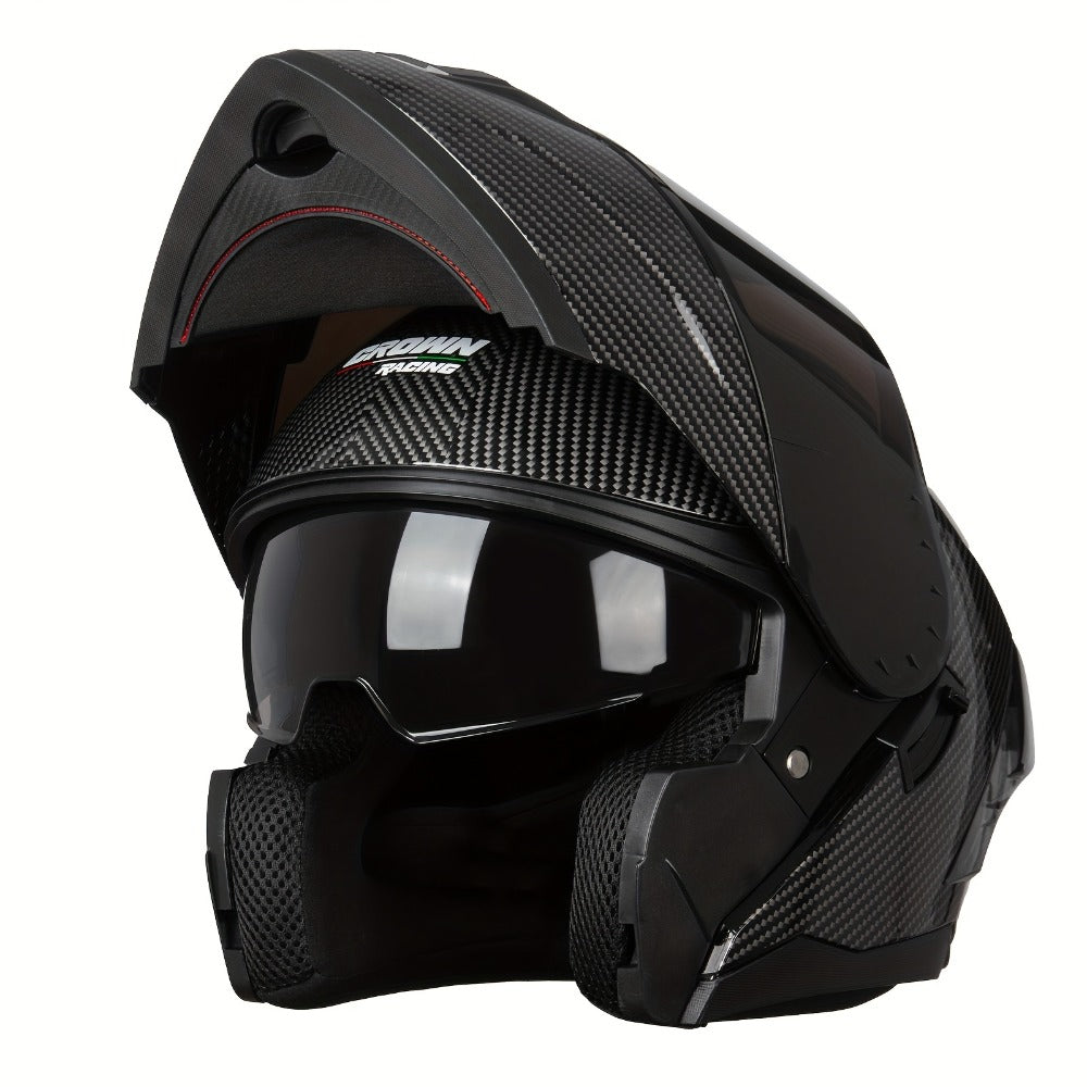 Carbon Fiber Pattern Motorcycle Helmet – Modular Flip-Up Full Face Helmet, Lightweight Motorbike Helmet for Men & Women