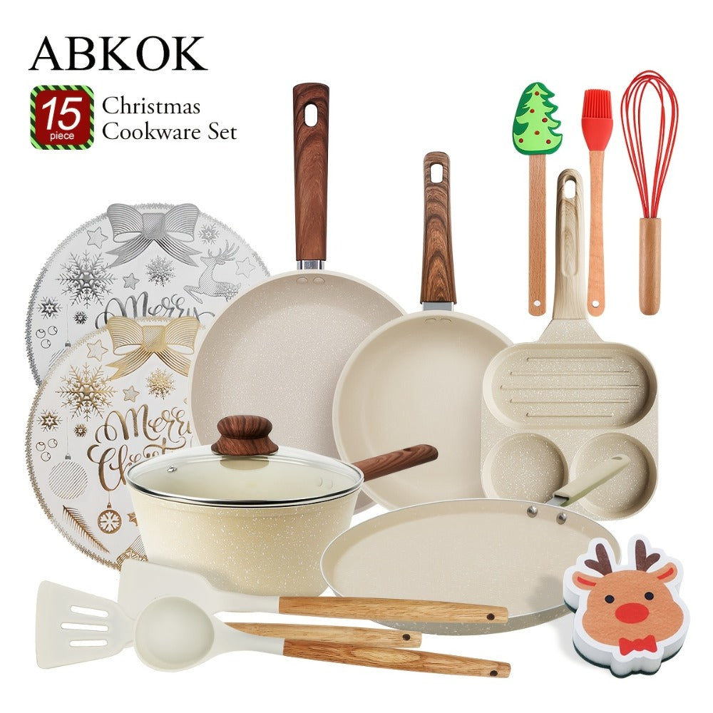 Cookware Set ABKOK 7-, 12- or 15-Piece Beige Pots and Pans with Lids, Steamer and Utensils