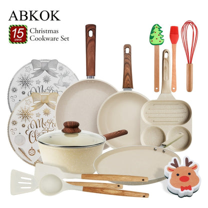 Cookware Set ABKOK 7-, 12- or 15-Piece Beige Pots and Pans with Lids, Steamer and Utensils