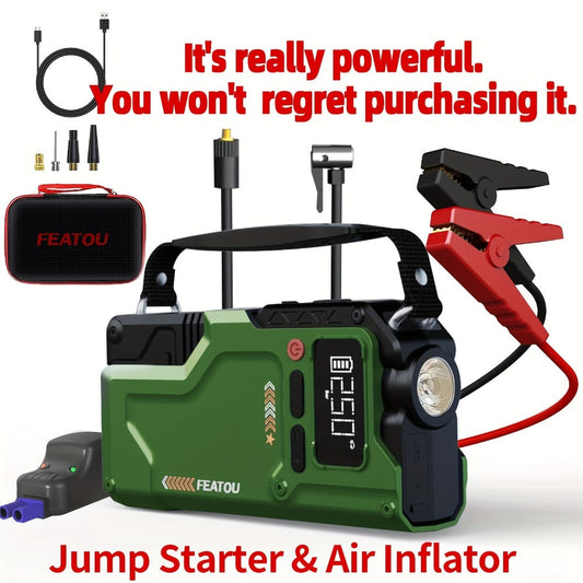 Green Jump Starter and Tire Inflator Enhanced Version with Digital Pressure Display and Clamp Leads