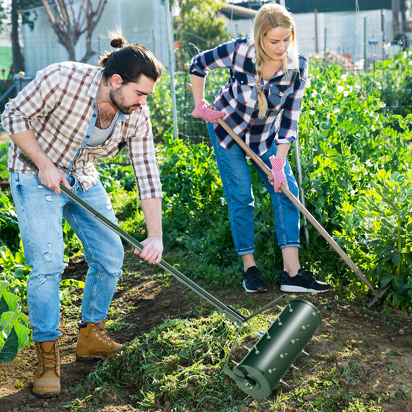 Rotary Lawn Aerator 18" Spike Drum with 27 Galvanized Steel Spikes, Fillable with Sand or Stone
