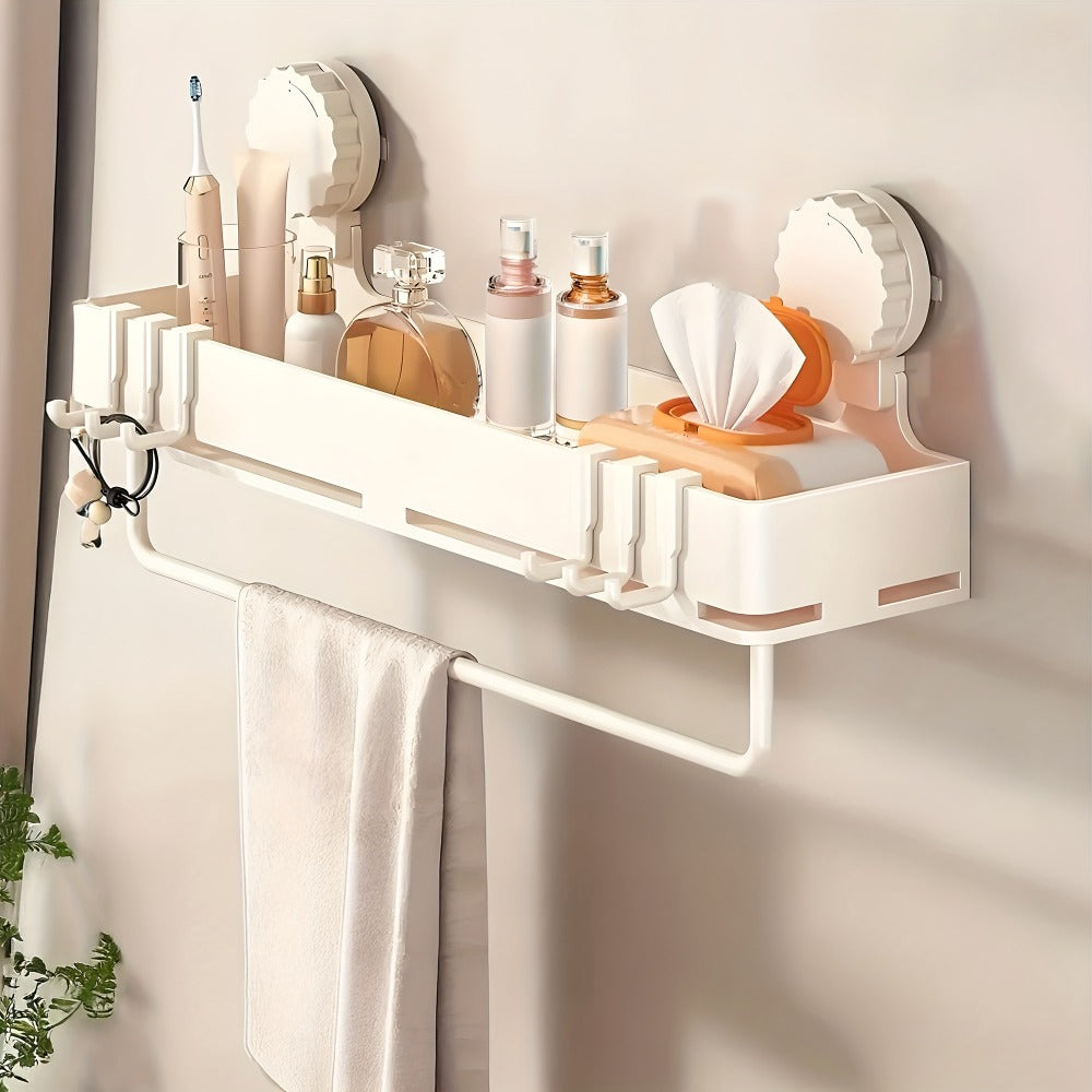 Suction Cup Shower Caddy with Towel Holder Bar, Wall-Mounted Bathroom Shelf Organizer for Shampoo Soap, Heavy-Duty Floating Shower Shelves