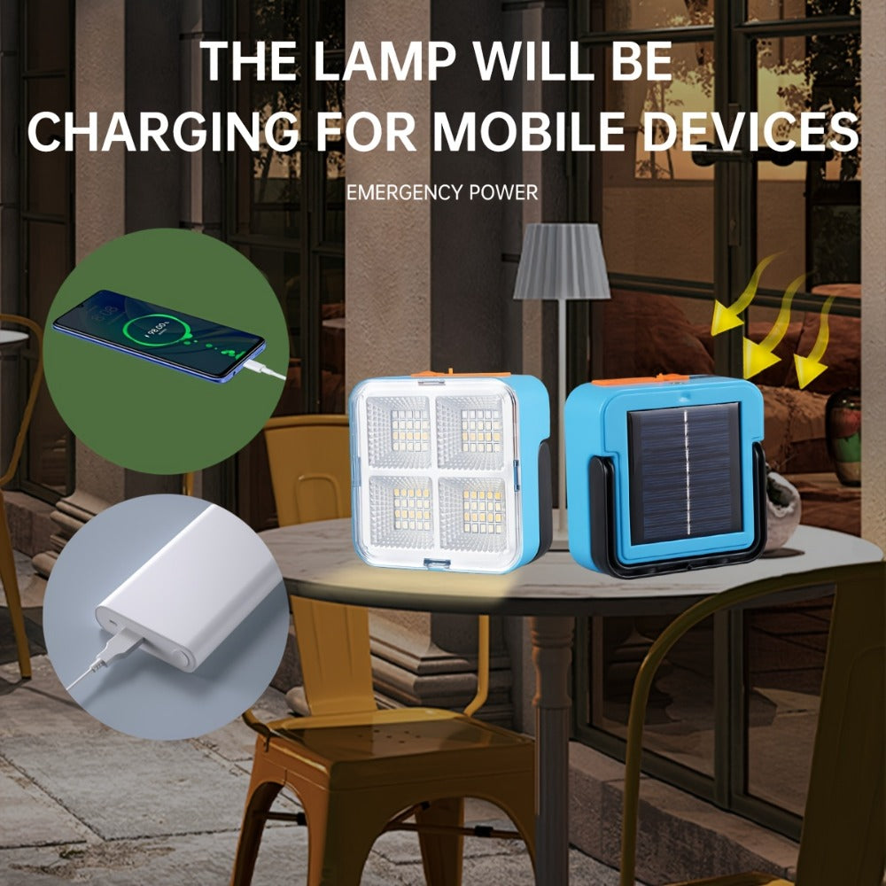Solar Camping Lantern with Four Adjustable Modes, Solar and USB Charging, Bracket and Hook for Camping, Hiking and Emergencies