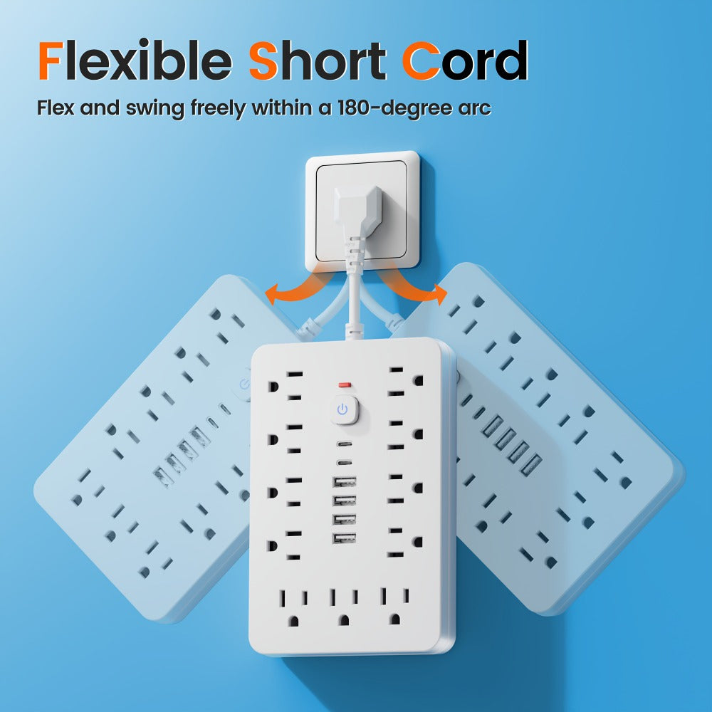 Power Strip with 11 AC Outlets, 4 USB-A, 2 USB-C and Short, 5-Foot or 10-Foot Standard or Braided Cord
