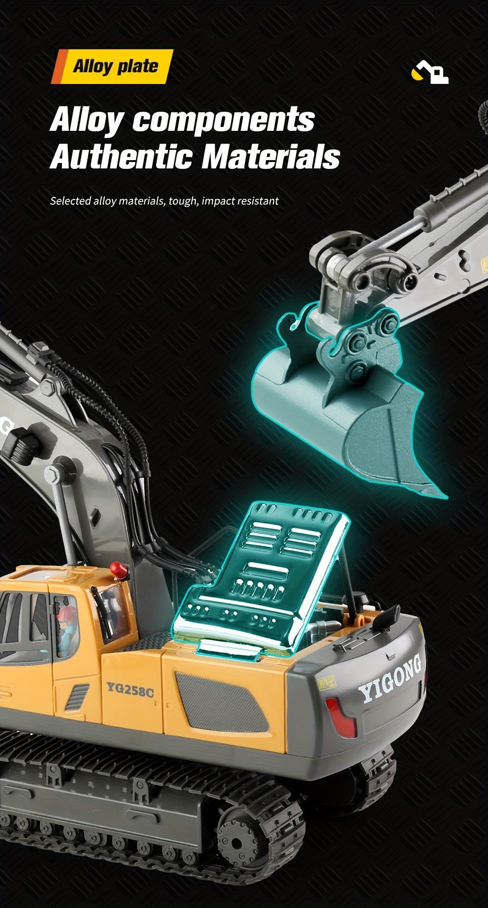 RC Bulldozer 1:24 Scale Alloy with 680° Rotation & Working Arm, 2.4GHz Remote Control Construction Vehicle for Kids