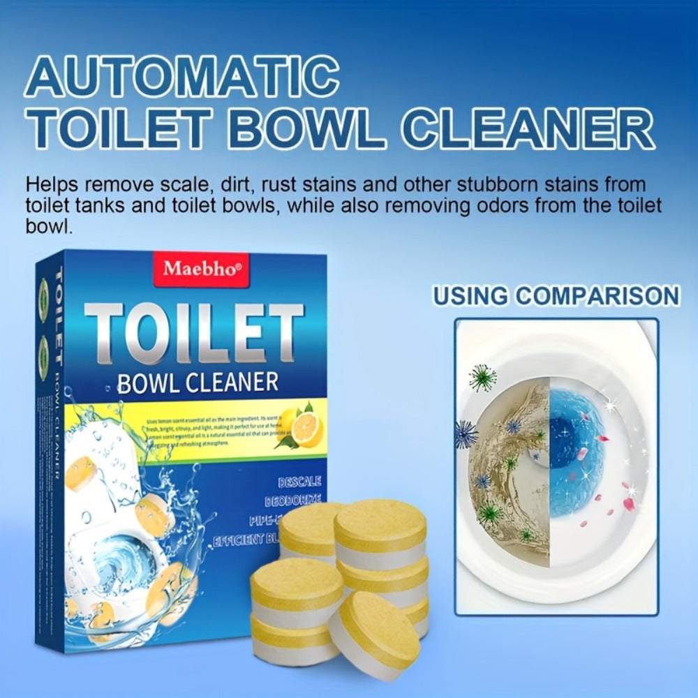 Yellow Toilet Bowl Cleaner Tablets with Lemon Graphics and 24-Piece Box Option in Pictured 10 x 14 cm Package