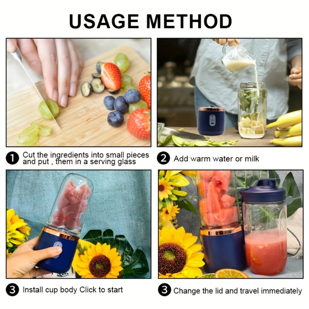 Portable Blender Juicer Double Cup 1500mAh Rechargeable, Food-Grade ABS Multifunctional Fruit Vegetable Juicer