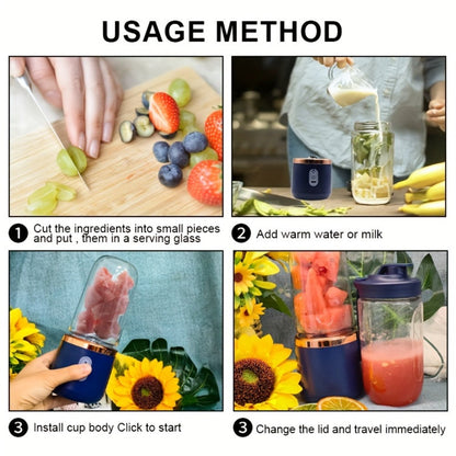 Portable Blender Juicer Double Cup 1500mAh Rechargeable, Food-Grade ABS Multifunctional Fruit Vegetable Juicer