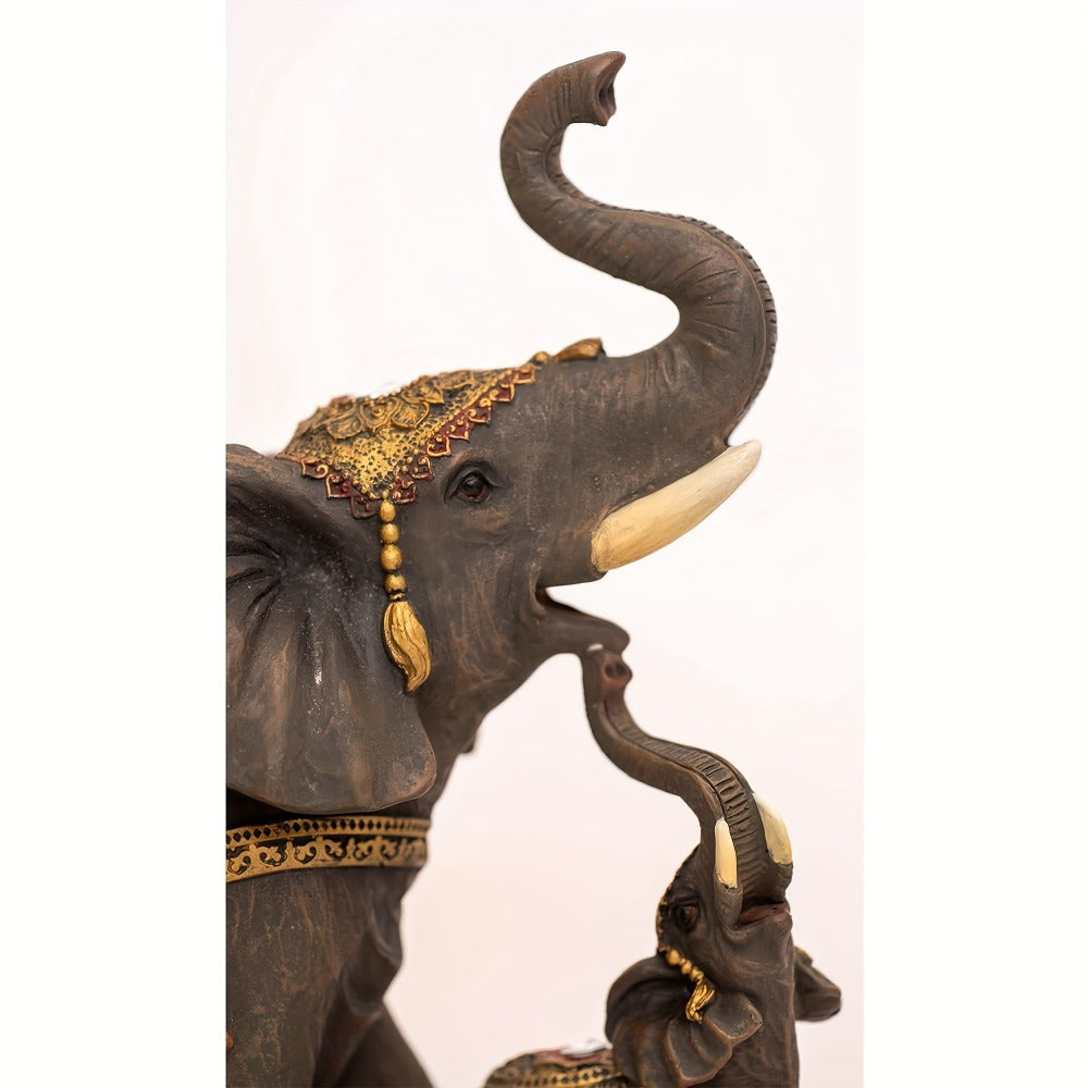 Elephant Statue Figurine for Home Decor – Mama & Baby Elephant Trunk Up Lucky Sculpture 12 Inch Polyresin Good Luck Ornament for Living Room