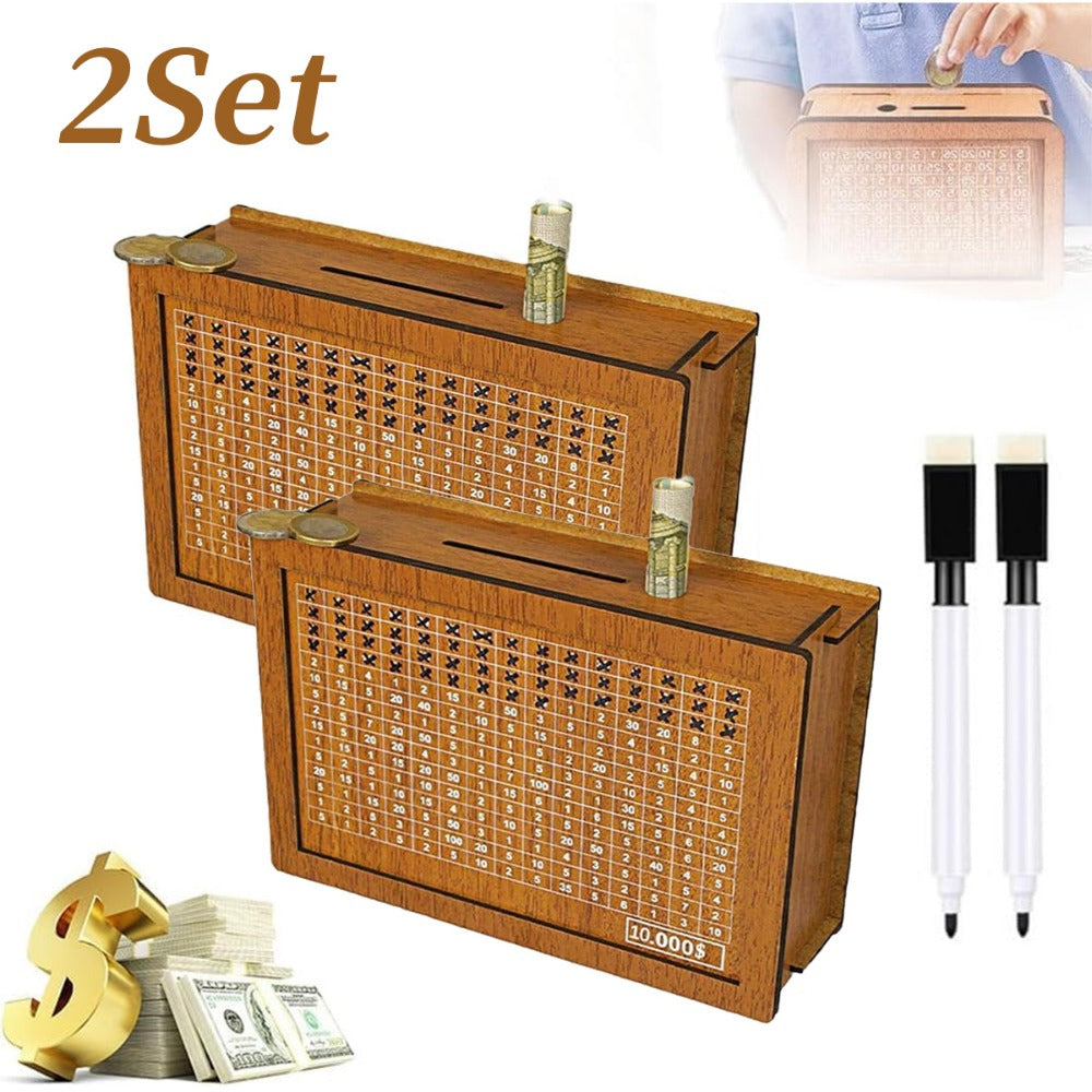 Wooden Savings Bank with Digital Counter 2-Pack, 7.87x5.7" Adult Coin Bank Holds $10, 000, Savings Goal Tracker Box