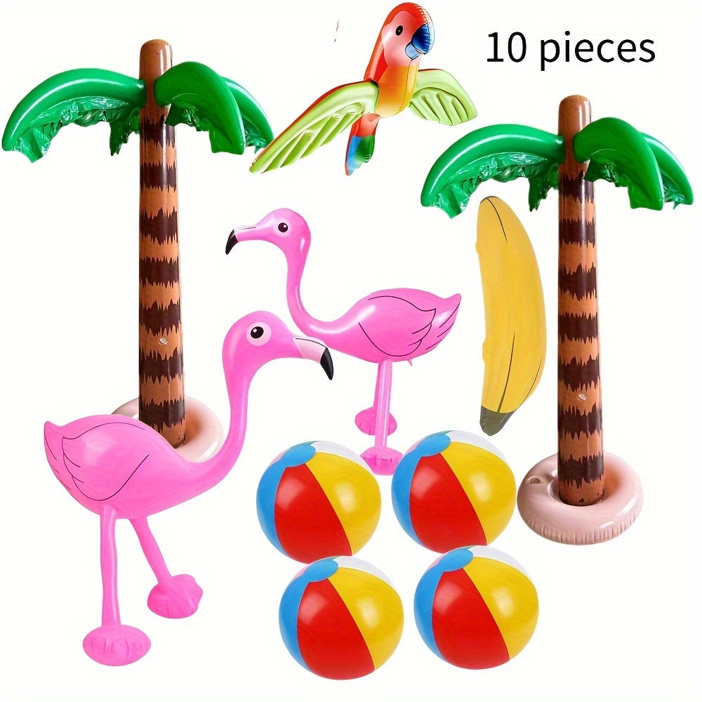 Hawaiian Luau Inflatable Party Decorations 10-Piece Set – 2 Palm Trees, 2 Flamingos, 4 Beach Balls, Parrot & Banana