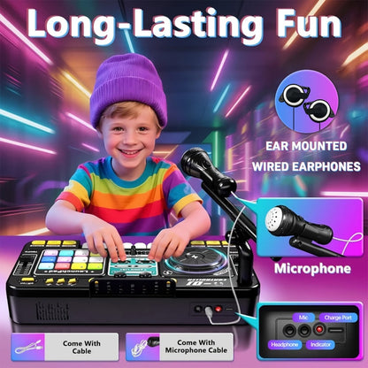 Kids DJ Mixer Toy Set with LED Lights, Microphone & Piano Keys, 100+ Sound Effects, Disco Mode, Rechargeable