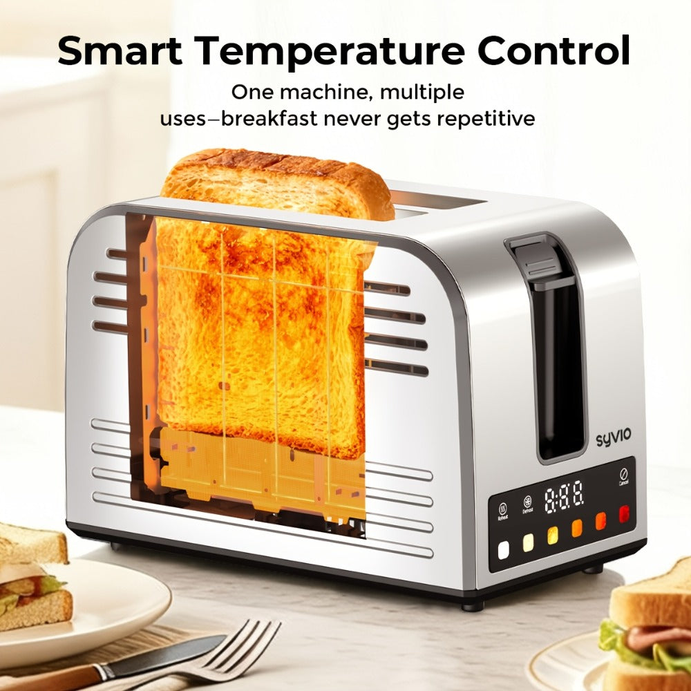 Toaster 2-Slice Stainless Steel Smart Touchscreen, 5 Bread Types, 6 Browning Levels, Wide Slots, Temperature Control