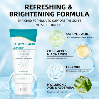 Salicylic Acid Facial Cleanser Gel, Deep Cleansing & with Hyaluronic Acid, Non-Comedogenic, Paraben-Free