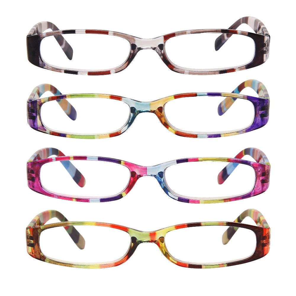 Reading Glasses 4-Pack Retro Rectangle Printed Frames with Spring Hinges and 1.0x to 4.0x Options