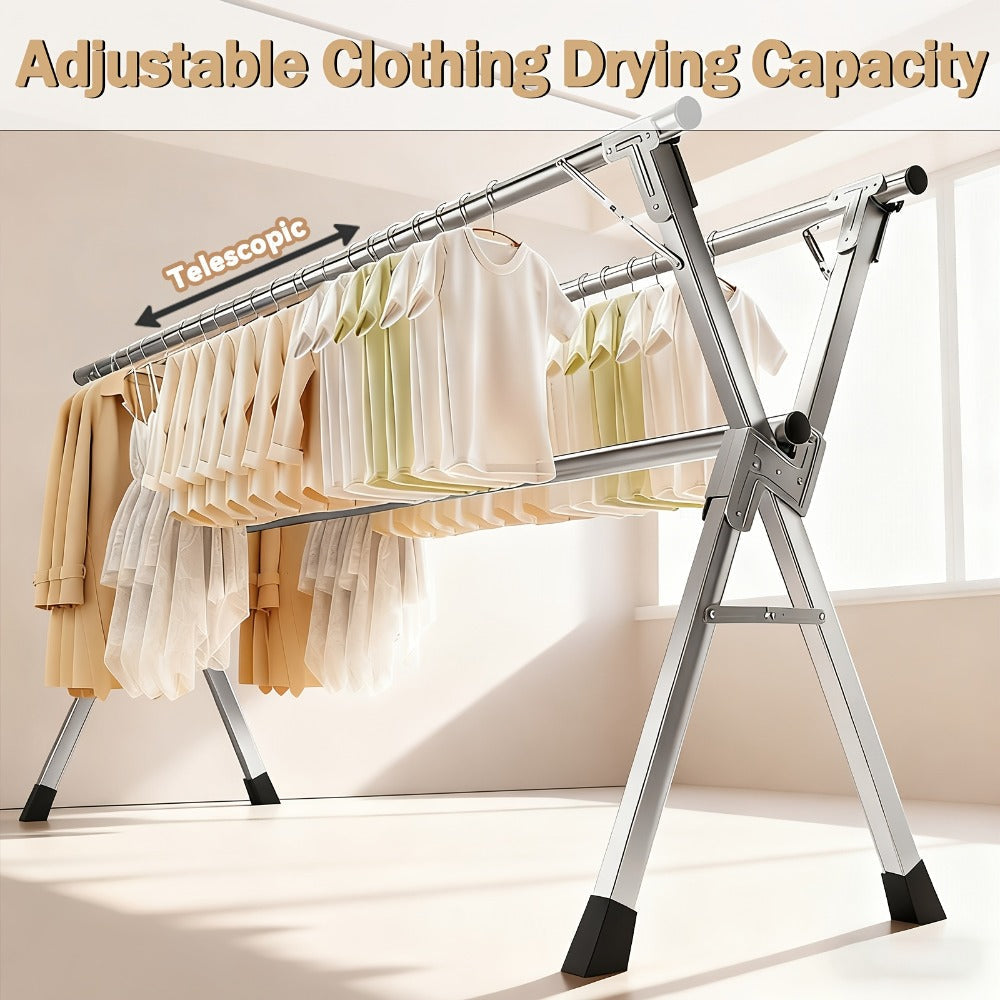 Folding A-Frame Clothes Drying Rack with Telescopic Rods, Wheels, Hooks and Four 62.9-94.4-Inch Layouts