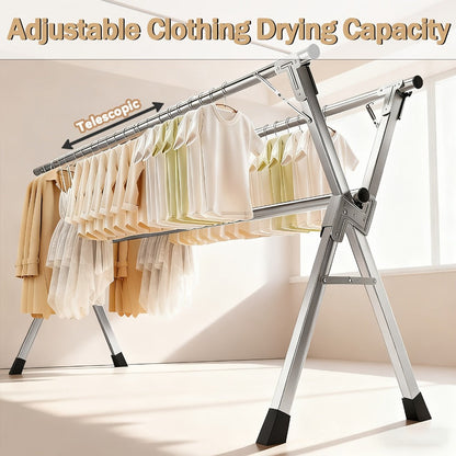 Folding A-Frame Clothes Drying Rack with Telescopic Rods, Wheels, Hooks and Four 62.9-94.4-Inch Layouts