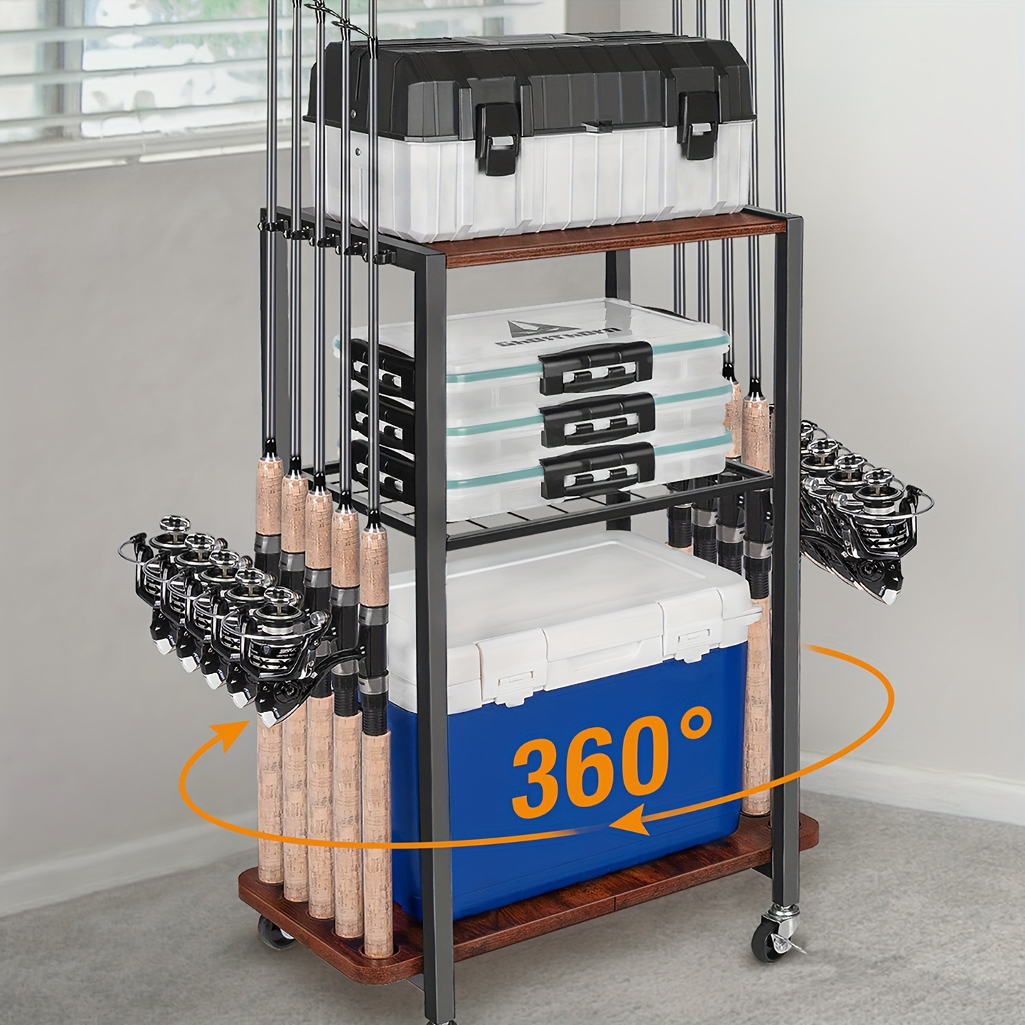 Fishing Rod Holder Rack Rotating Tackle Storage Cart Iron Wood Holds 10 to 12 Rods Garage Fishing Pole Organizer with Wheels Fishing Gear