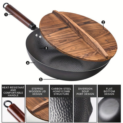 Carbon Steel Wok Pan 12.6 Inch with Lid & 10 Accessories, Uncoated Chinese Stir Fry Wok, Flat Bottom for Electric Induction Gas Stoves