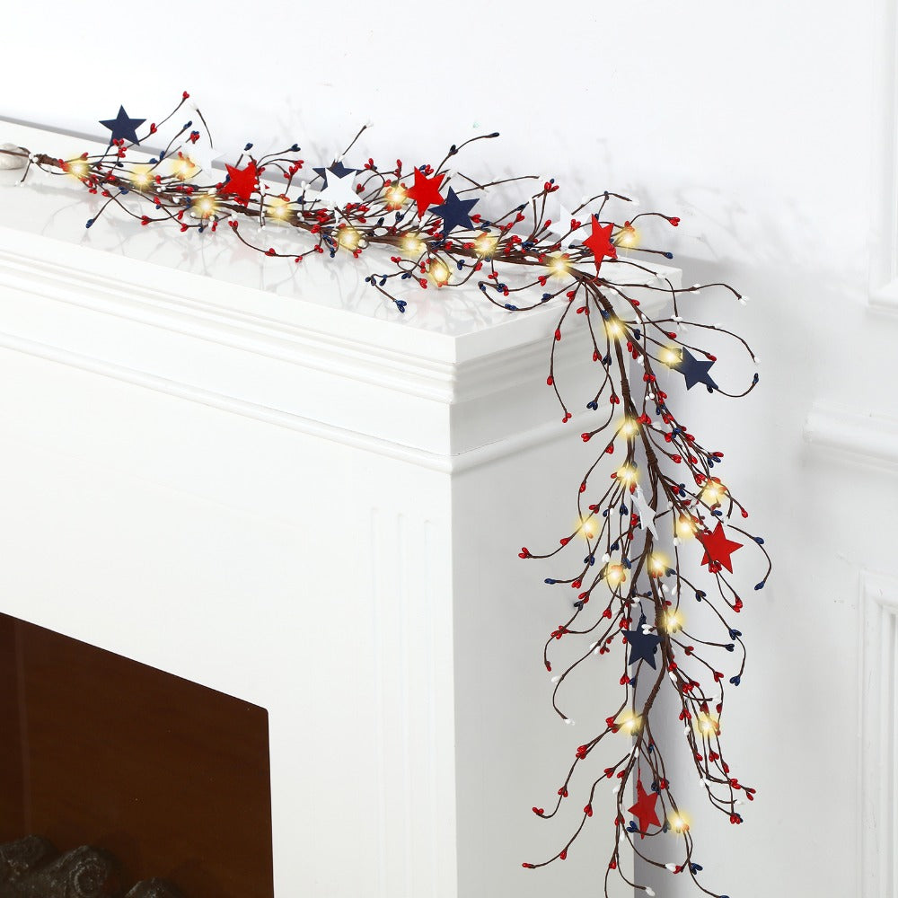 4th of July Garland with Fairy Lights 4.5Ft Patriotic Red White Blue Garland for Entryways, Bedrooms and Living Spaces