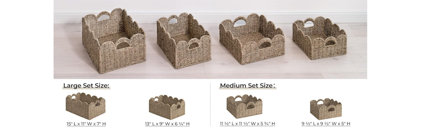 Scalloped Wicker Storage Baskets Set of 2 with Handles in Water Hyacinth or Seagrass Weave