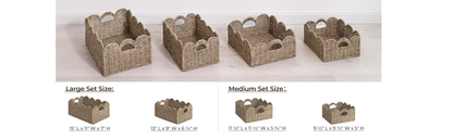 Scalloped Wicker Storage Baskets Set of 2 with Handles in Water Hyacinth or Seagrass Weave