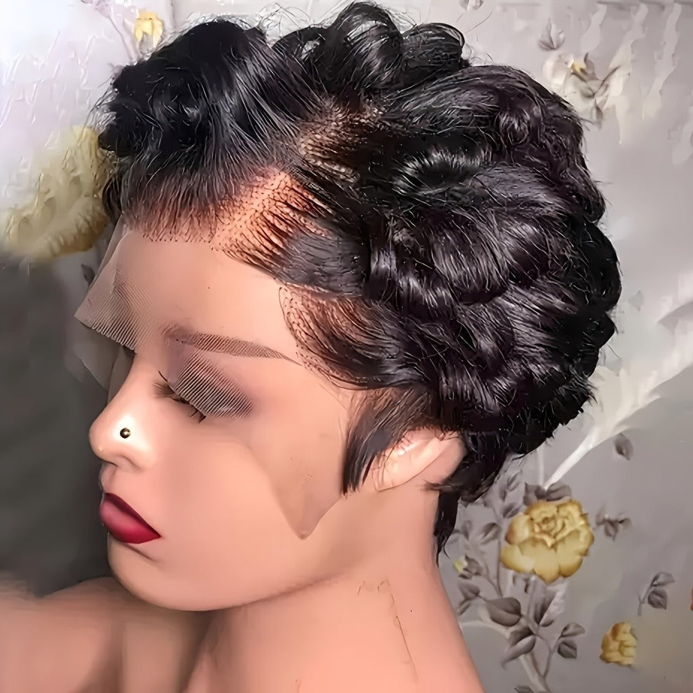 Pixie Cut Wig Human Hair 13x4 HD Lace Front Short Curly Body Wave Loose Deep Wave Finger Wave, for Home, Travel and Salon Hair Styling