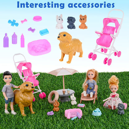 Family Doll Set with Pets & Accessories, 6 Poseable Collectible Dolls with Puppies, Handcart & Changeable Clothes