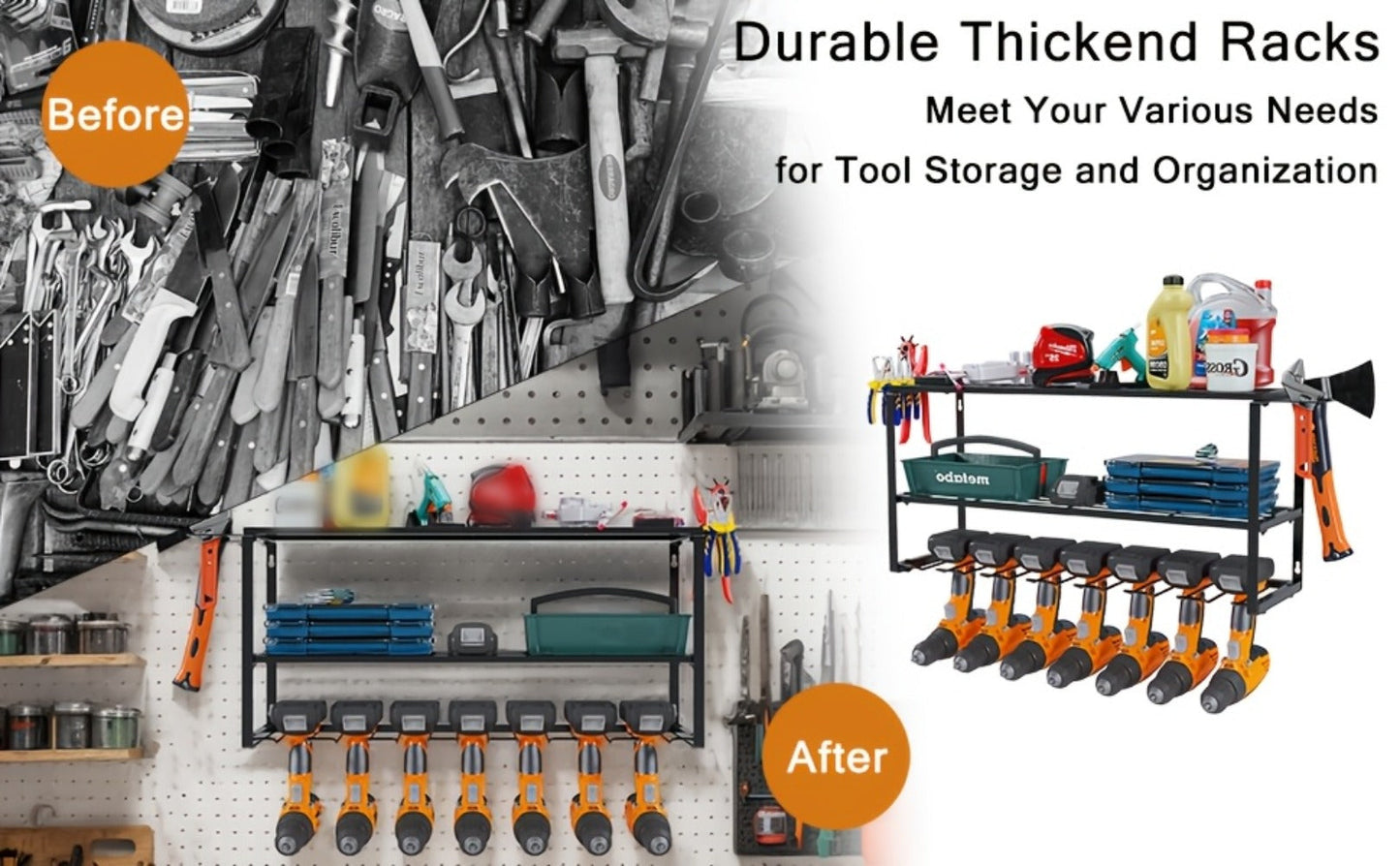 Wall Mount Power Tool Storage Rack, Steel 3-Tier & 4-Tier Garage Tool Organizer with 7 Bit Holders