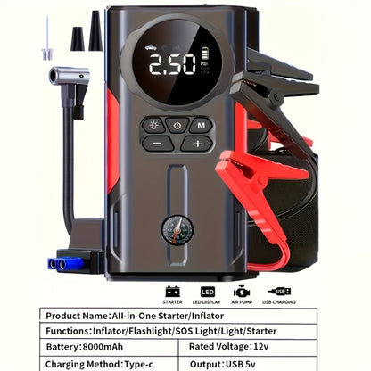 Upgraded 7-in-1 Portable Car Jump Starter – Multifunctional Emergency Battery Booster for 12V Vehicles Up to 2.64gal Gas / 2.38gal Diesel