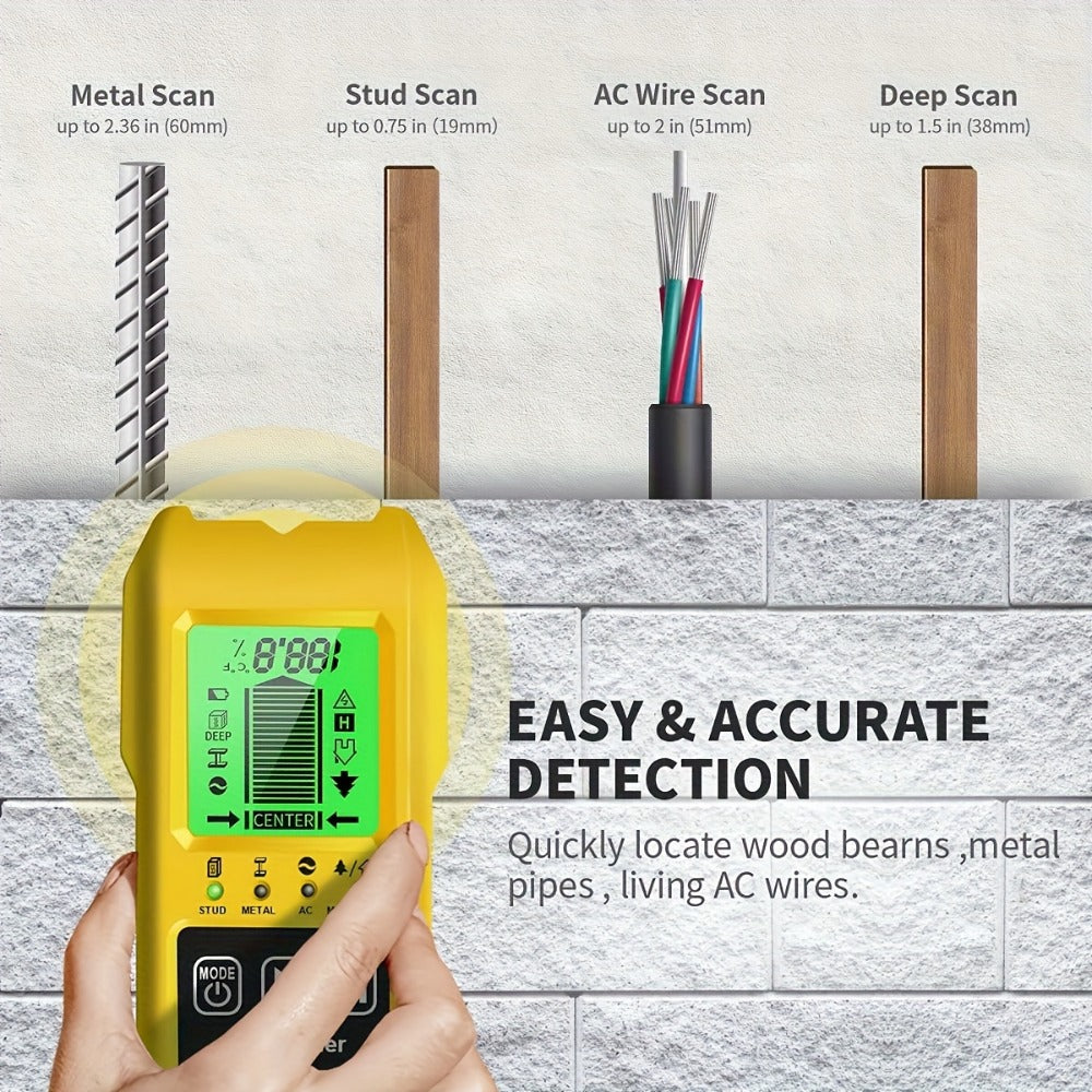 Stud Finder Wall Scanner 7-in-1 LCD Display Sound Alert, Wood Deep Stud Metal AC Wire Moisture Meter Temperature Sensor