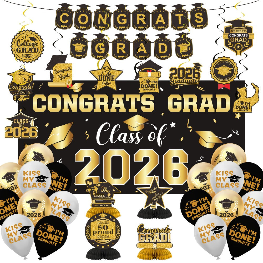 Class of 2026 Graduation Decoration Set with Letter Banner, Hanging Pieces and Six Color Options