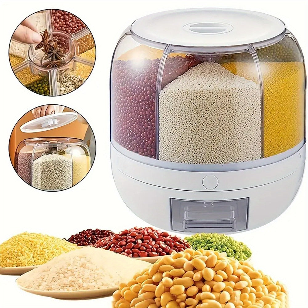 Food Storage Container Rotating Grain Dispenser with Six Compartments, Clear Dome and Front Drawer Outlet
