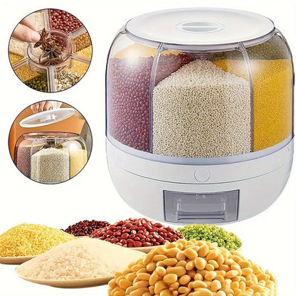 Food Storage Container Rotating Grain Dispenser with Six Compartments, Clear Dome and Front Drawer Outlet