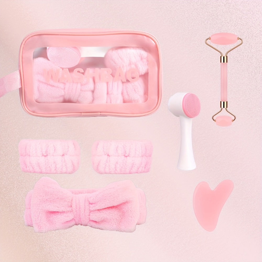 Facial Cleansing Massage Set 7Pcs Silicone Face Brush Double-Headed Roller Massager Heart Scraping Board Wristbands Hair Band Pink Storage