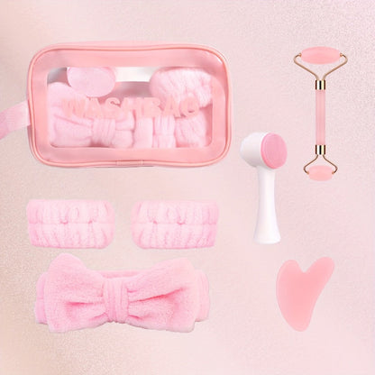 Facial Cleansing Massage Set 7Pcs Silicone Face Brush Double-Headed Roller Massager Heart Scraping Board Wristbands Hair Band Pink Storage