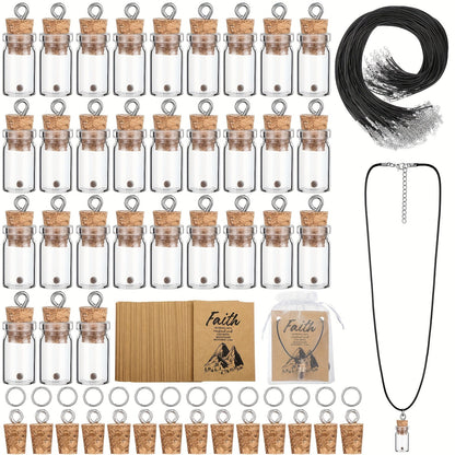 Mustard Seed Faith Necklace Kit 50 Sets - DIY Mini Glass Jar Craft Necklace with Christian Faith Cards