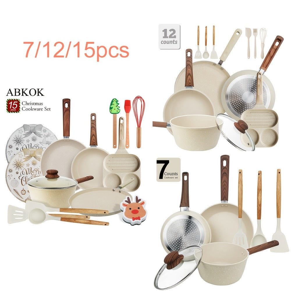 Cookware Set ABKOK 7-, 12- or 15-Piece Beige Pots and Pans with Lids, Steamer and Utensils
