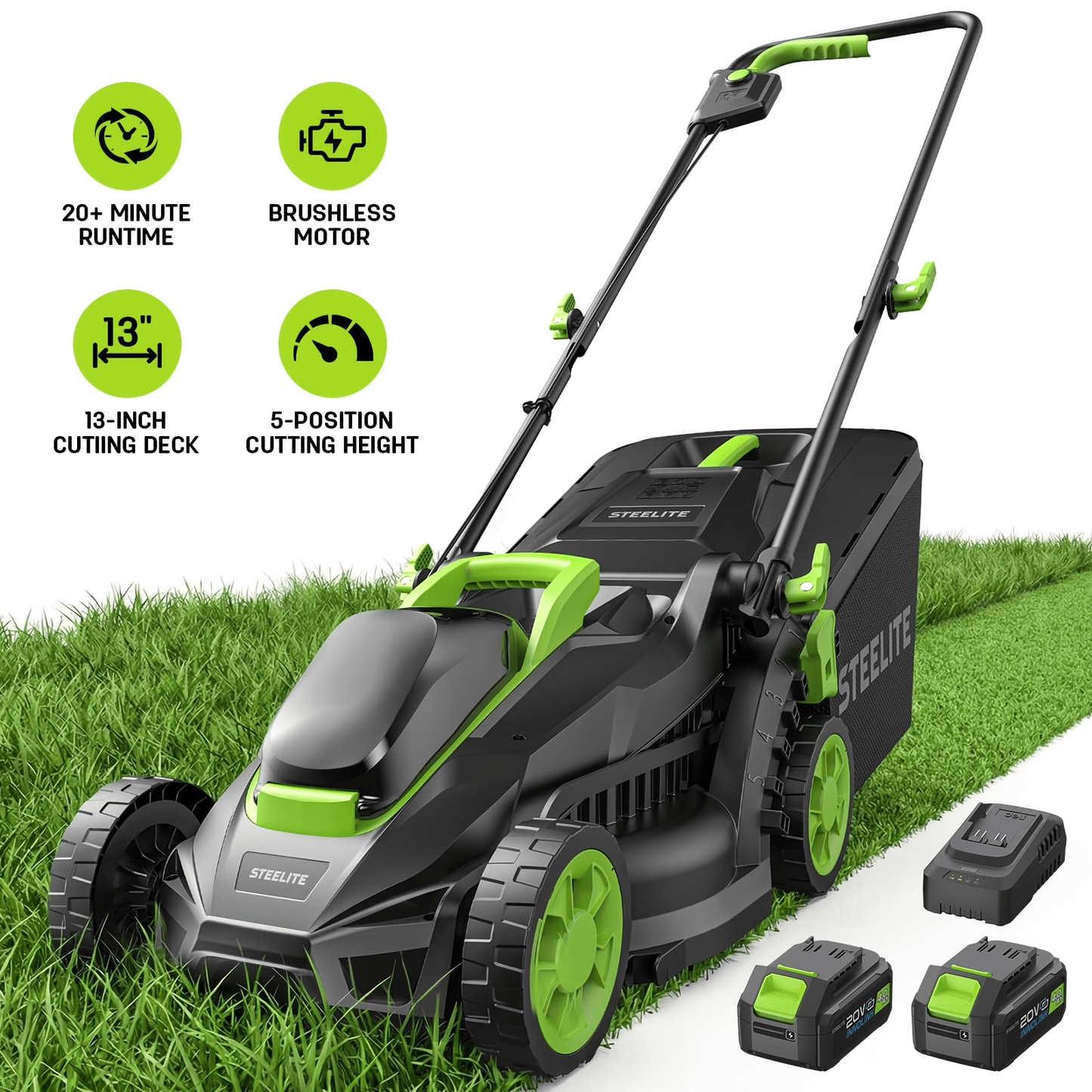 Cordless Lawn Mower Brushless Motor 13-Inch 21V Electric Lawn Mower Battery Powered with 4.0Ah Battery for Garden, Patio and Yard Use