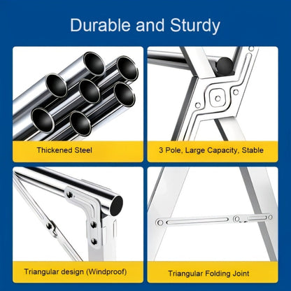 Foldable Clothes Drying Rack 3-Bar, Stainless Steel Collapsible Laundry Rack, Retractable 63" or 79" for Indoor & Outdoor Use