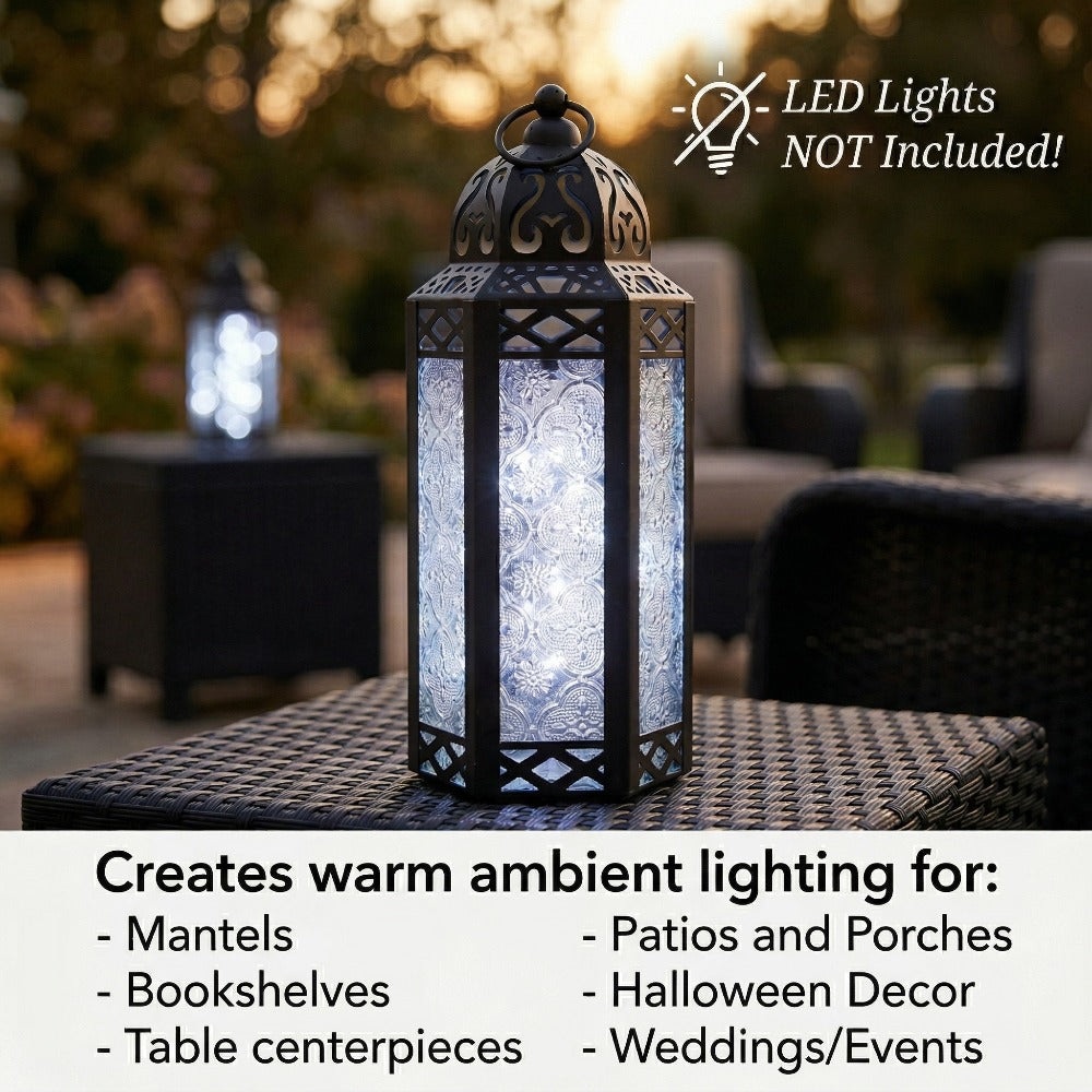 Moroccan Candle Lantern Holder - Decorative Metal & Glass Lantern with Embossed Floral Design for Indoor Home Decor