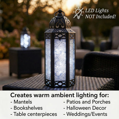 Moroccan Candle Lantern Holder - Decorative Metal & Glass Lantern with Embossed Floral Design for Indoor Home Decor