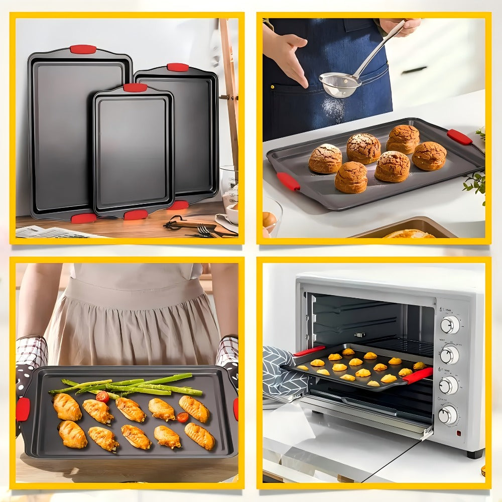 Three-Piece Black Baking Sheet Set with Red Grip Tabs in Small, Medium and Large Nesting Sizes