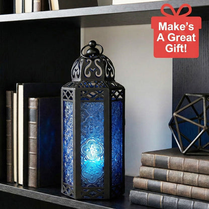 Moroccan Candle Lantern Holder - Decorative Metal & Glass Lantern with Embossed Floral Design for Indoor Home Decor