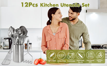 Kitchen Utensils 12-Piece Stainless Steel Set with Countertop Holder and Eleven Cooking Tools