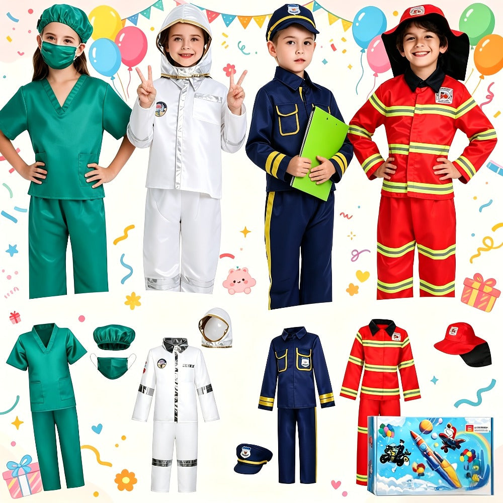 Kids Dress Up Costumes Set 4-in-1, Firefighter, Police, Astronaut & Doctor Role Play Clothes for Boys Girls Ages 3-6