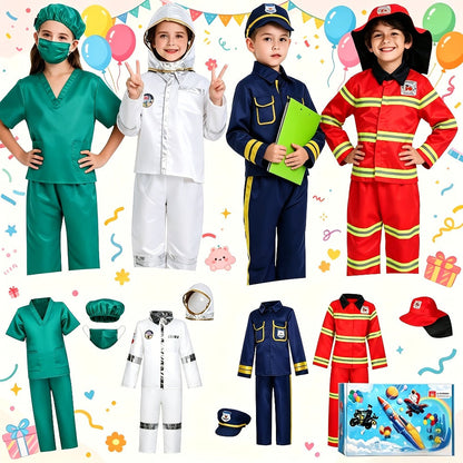 Kids Dress Up Costumes Set 4-in-1, Firefighter, Police, Astronaut & Doctor Role Play Clothes for Boys Girls Ages 3-6